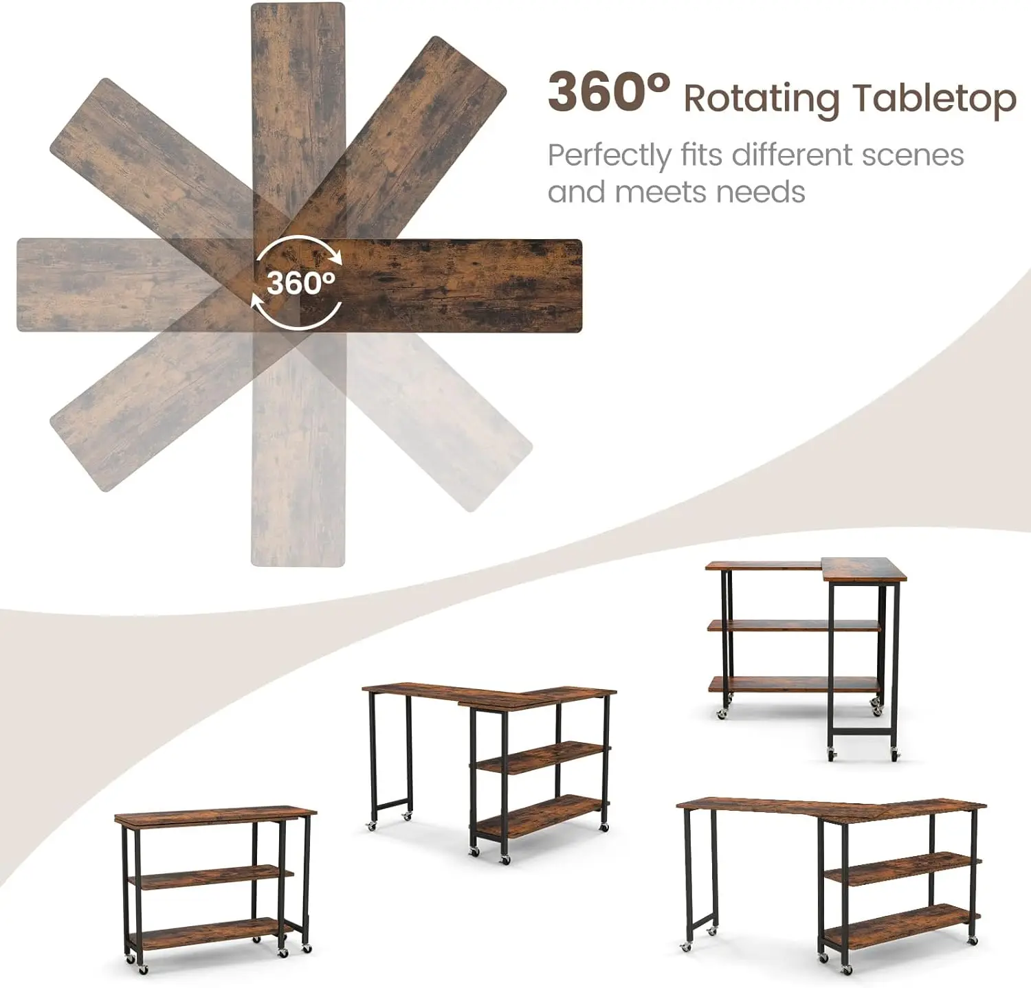 360 °   Free Rotating Sofa Side Table, Mobile L-Shaped Laptop Desk with Sturdy Metal Frame, 6 Universal Casters, Movable Couch Snac