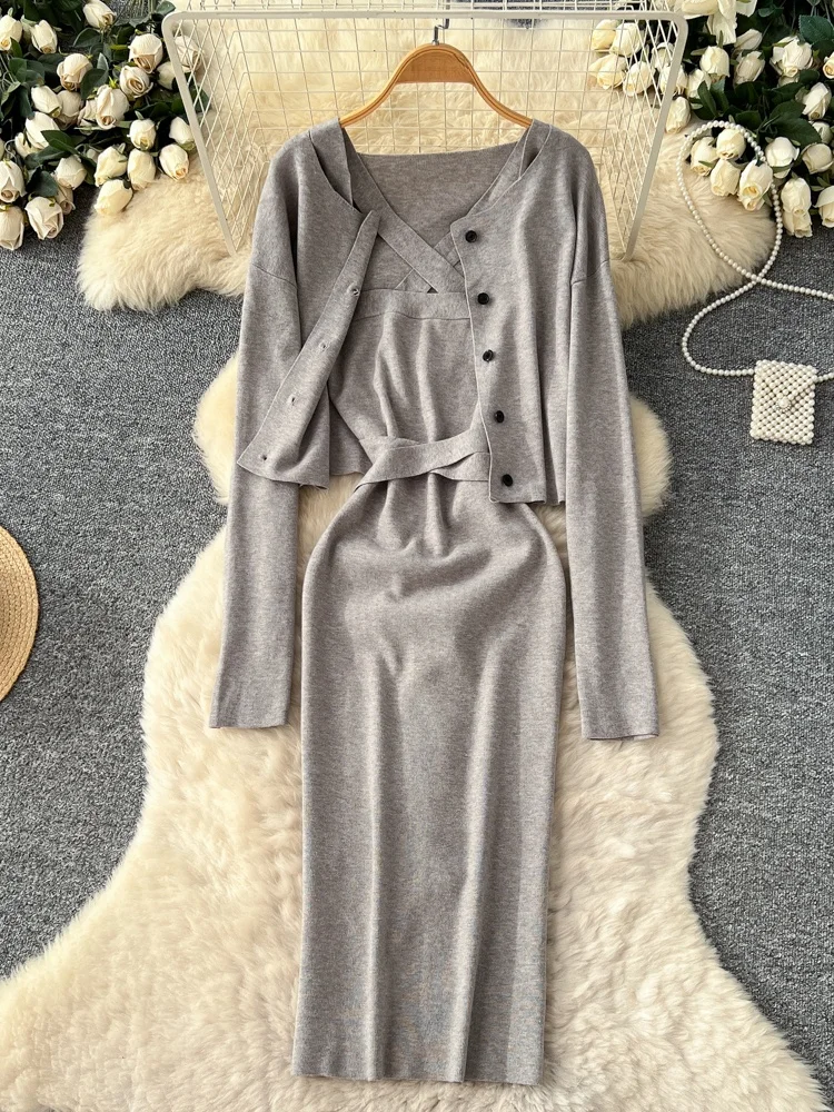 

Women's Knitted Long Sve Dr Sexy Ne Hanging Strap Waist Inning Two-Piece Set High Waist Casual Workwear Winter Faion