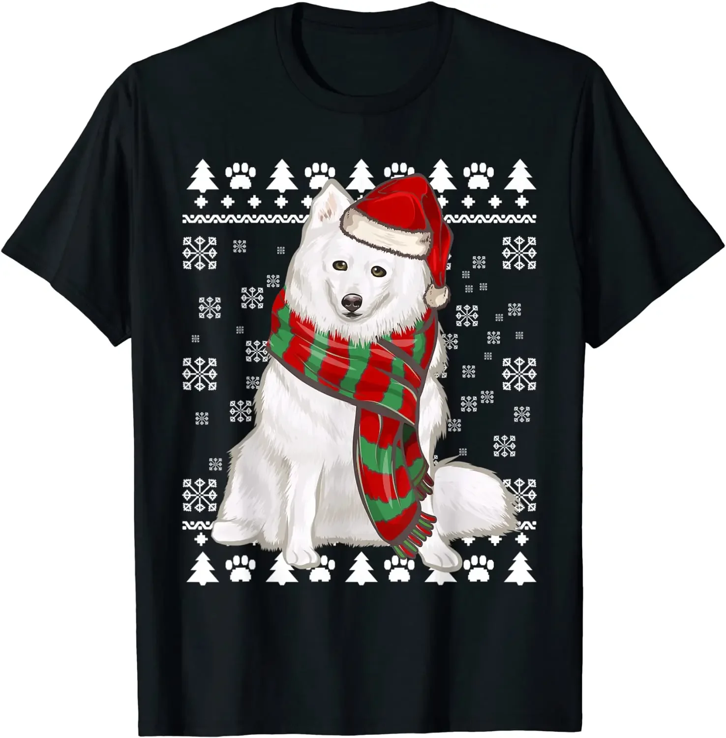 

American Eskimo Dog Santa Hat Xmas Ugly Christmas T-Shirt. Premium Cotton Short Sleeve O-Neck Mens T Shirt New S-3XL