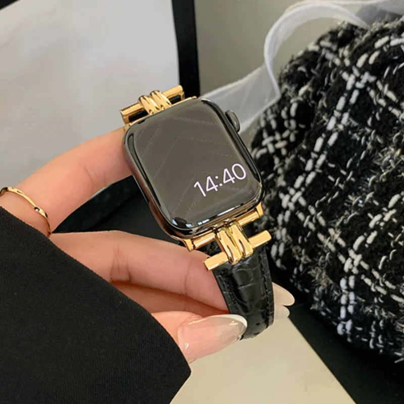 Luxuriöses Lederarmband mit Metallschnalle für iWatch 12 11 10 9 8 7 6 5 4 SE, schmales Damenarmband für Apple Watch 40mm 44 42 46 41 45 49 38mm