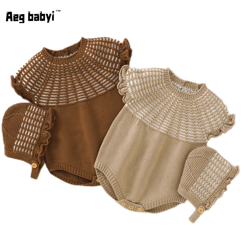 

Baby Clothes Newborn Boys Girls Bodysuits Cute Ruffles Sleeveless Knitted Jumpsuits+ Hats 2pcs Sets Autumn Infant Kids Clothing