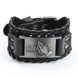 New Wide Leather Prayer Hand God Bracelet Charm Men's Bracelet Viking Accessorie Men's Jewelry Gift Wholesale Bangles for Women