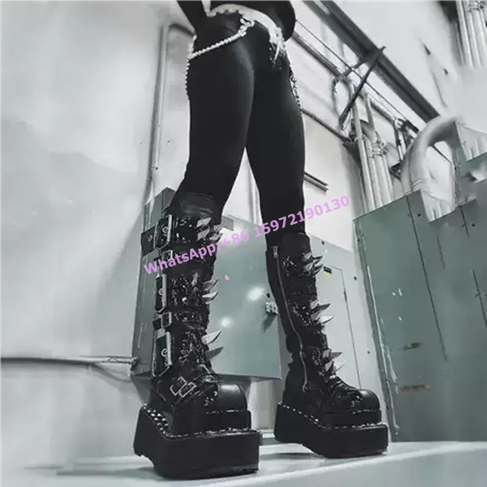 

Black Spike Rivet Boots Round Toe Thick Soled Buckle Belt Gothic Rock Punk Style Knight Knee High Boots Hotties Motorcycle Shoes