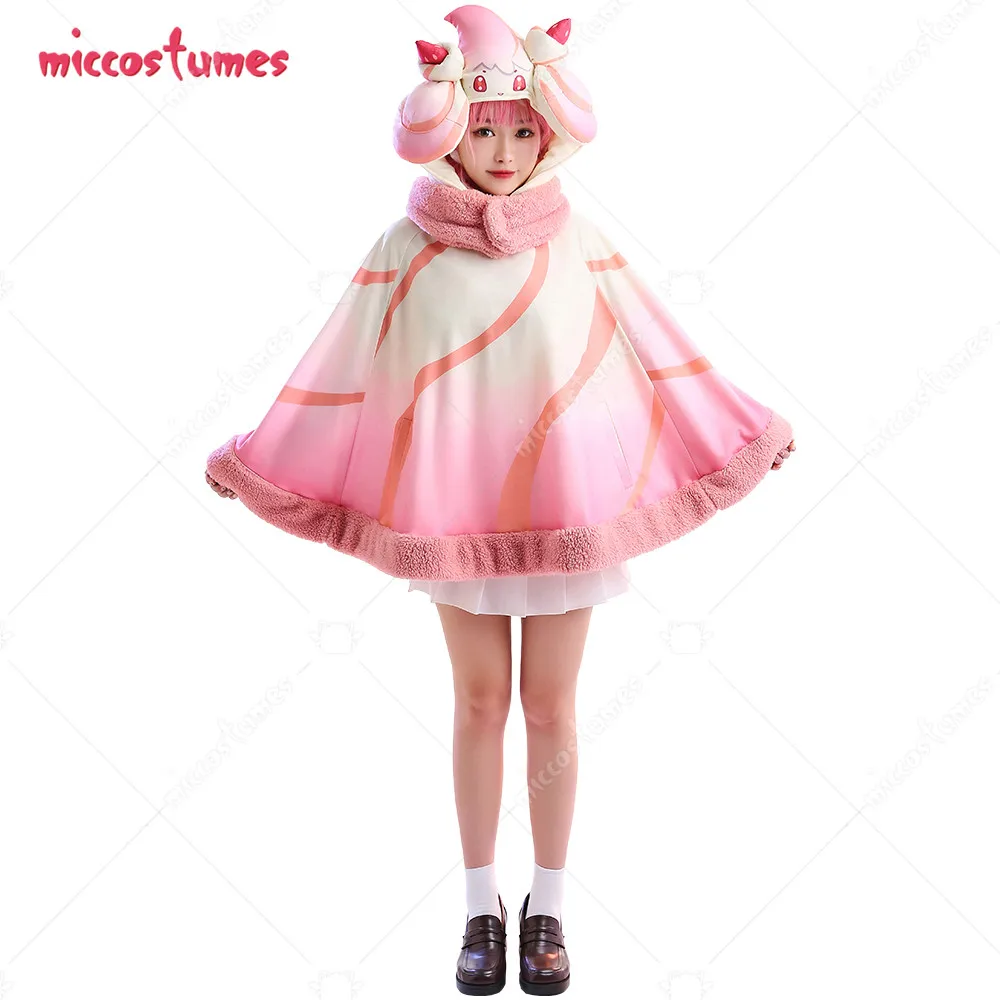 

Women Kawaii Plush Cloak Pink Short Hooded Cape with Bowknot Scarf Cosplay Costume