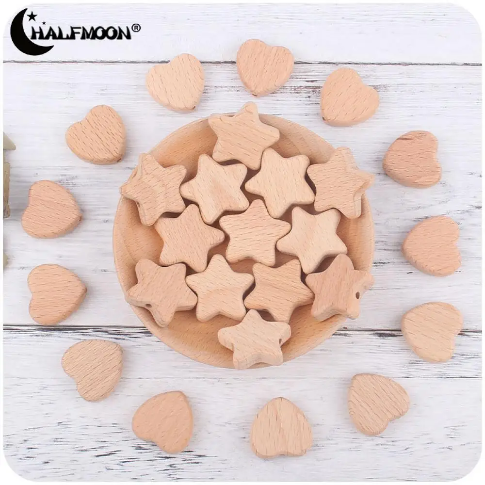 10Pcs Beech Wooden Beads Heart Star Shape Baby Teether Beads for DIY Necklace Pacifier Chain Crafts Jewelry Making