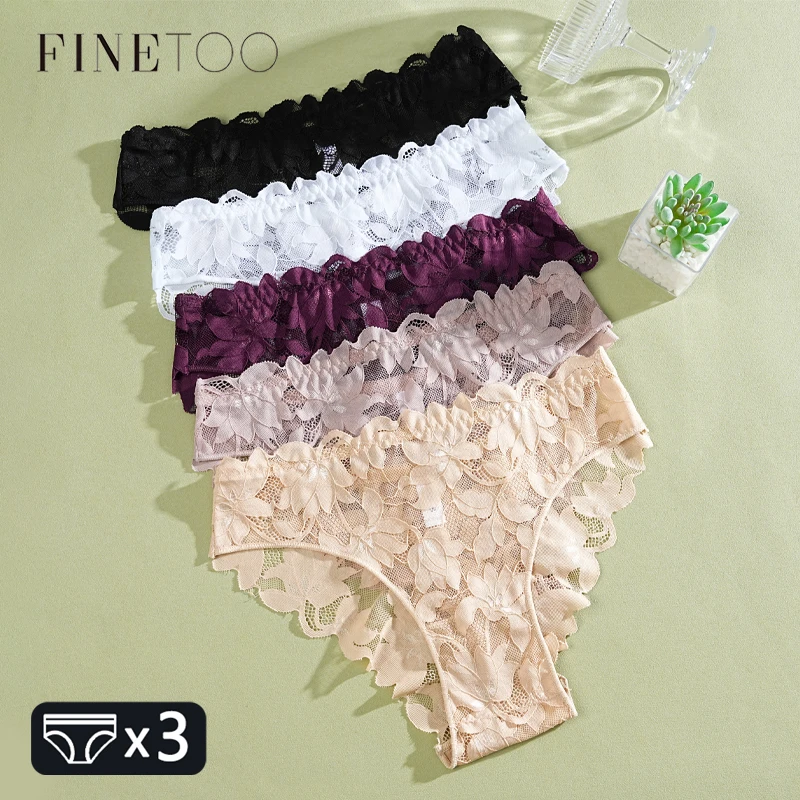 FINETOO 3 قطعة ملابس داخلية نسائية من الدانتيل مُزينة بنقشة الزهور من الساتان ملابس داخلية مثيرة مفرغة ملابس داخلية متينة منخفضة الخصر ومنظور ملابس داخلية ناعمة للفتيات