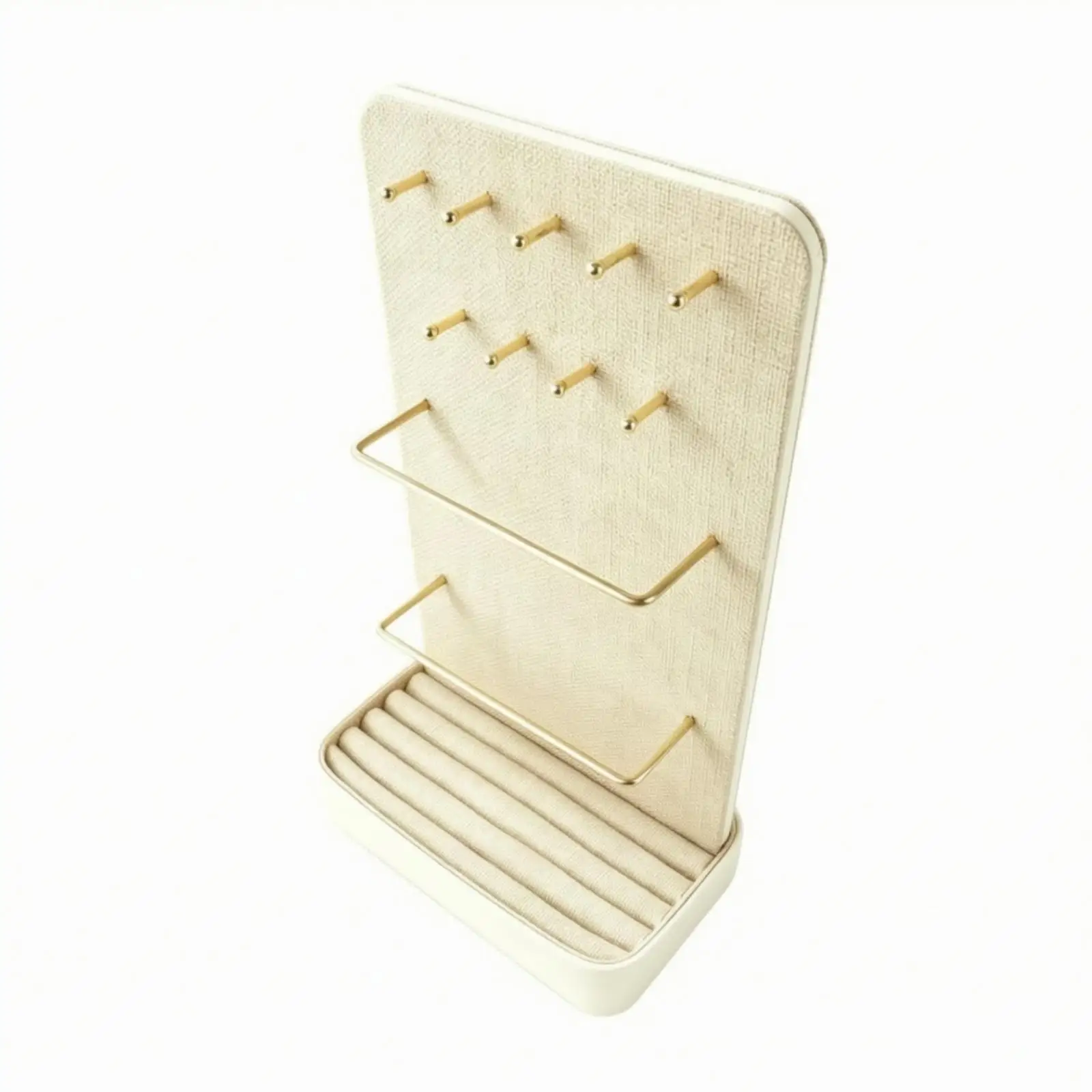 Linen Display Rack Freestanding Jewelry Organizer with Metal Rails Wood Frame Storage Stand for Necklaces Bracelets Rings