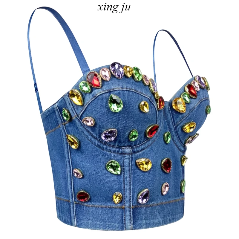 Fashion Summer Short Crop Tops Women Sexy Denim Sequin Nightclub Female DJ Sleeveless Vest Hip Hop Pole Dancing Performance Wear