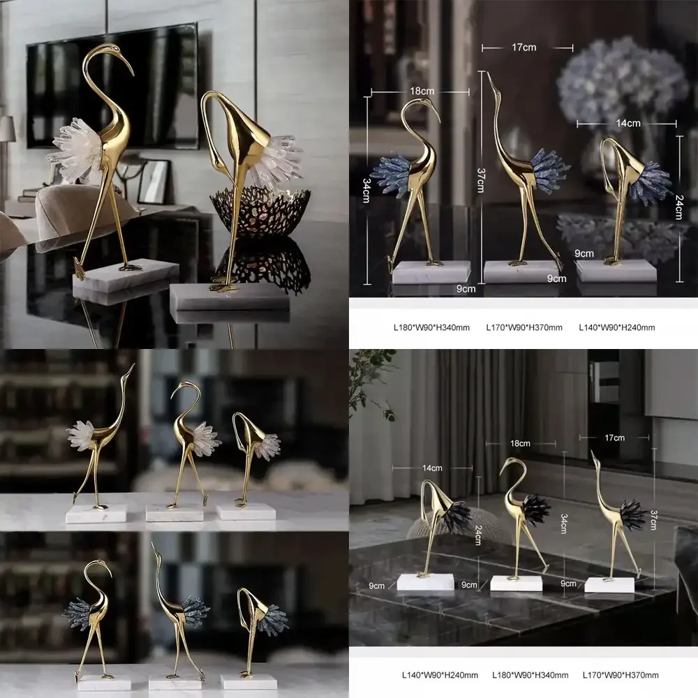 High Quality Home Natural Gold Crystal Cooper Crane Ornaments Nordic Table Bedroom Living Room Crane Bird Sculpture