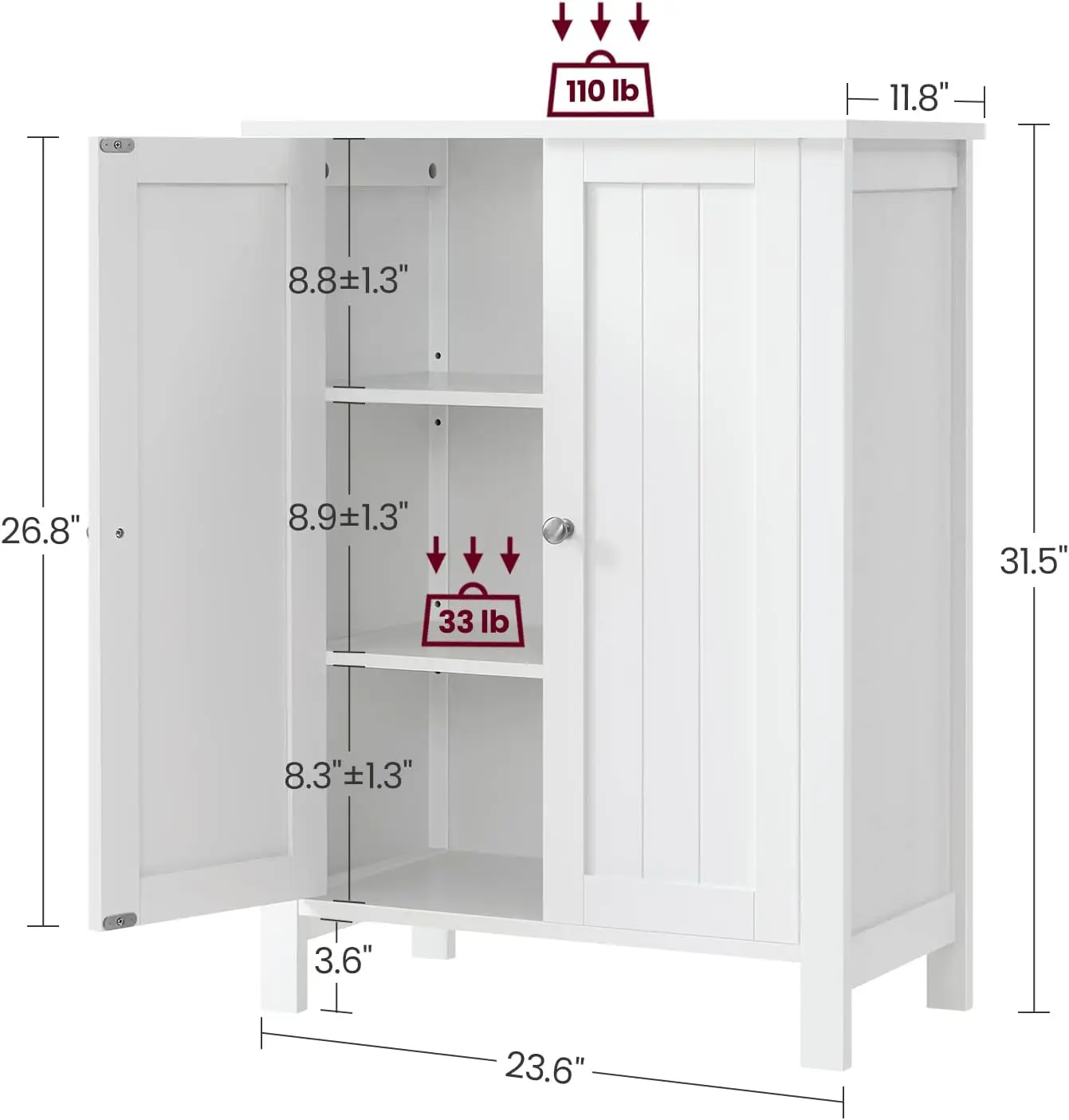 Bathroom Floor Storage Cabinet, Bathroom Storage Unit with 2 Adjustable Shelves, 11.8 x 23.6 x 31.5 Inches, White