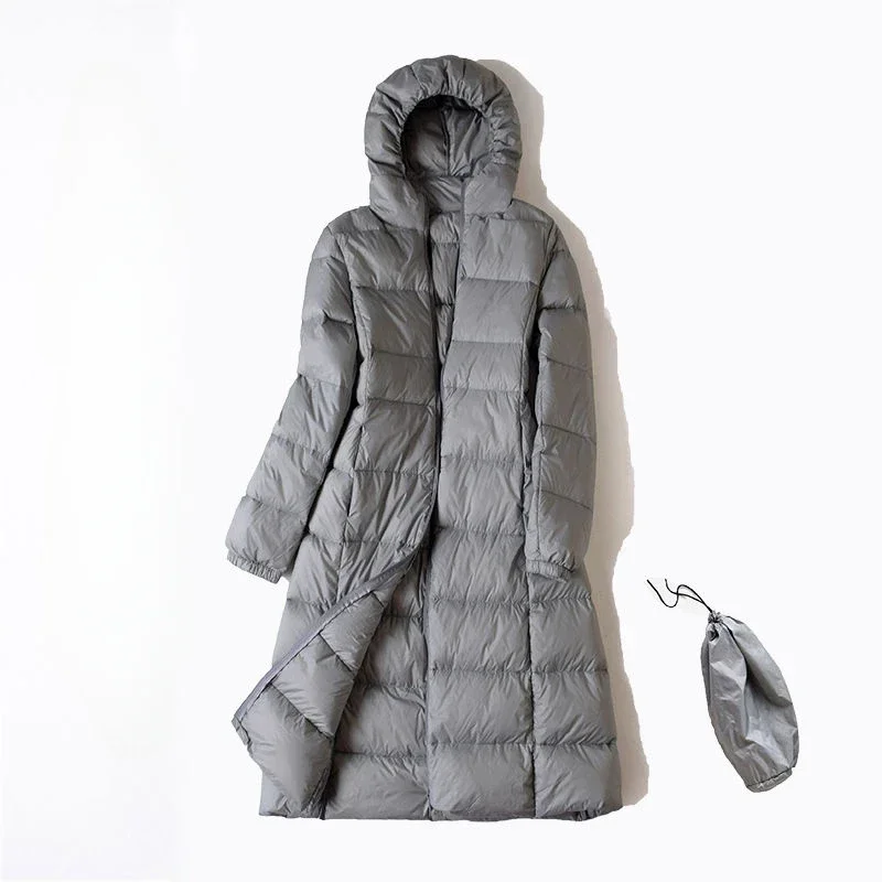 New Women Frivolou Down Jacket Winter Coat Female Long Knee Length Parkas Large Size Hooded Outwear Thin Comfortable Outcoat