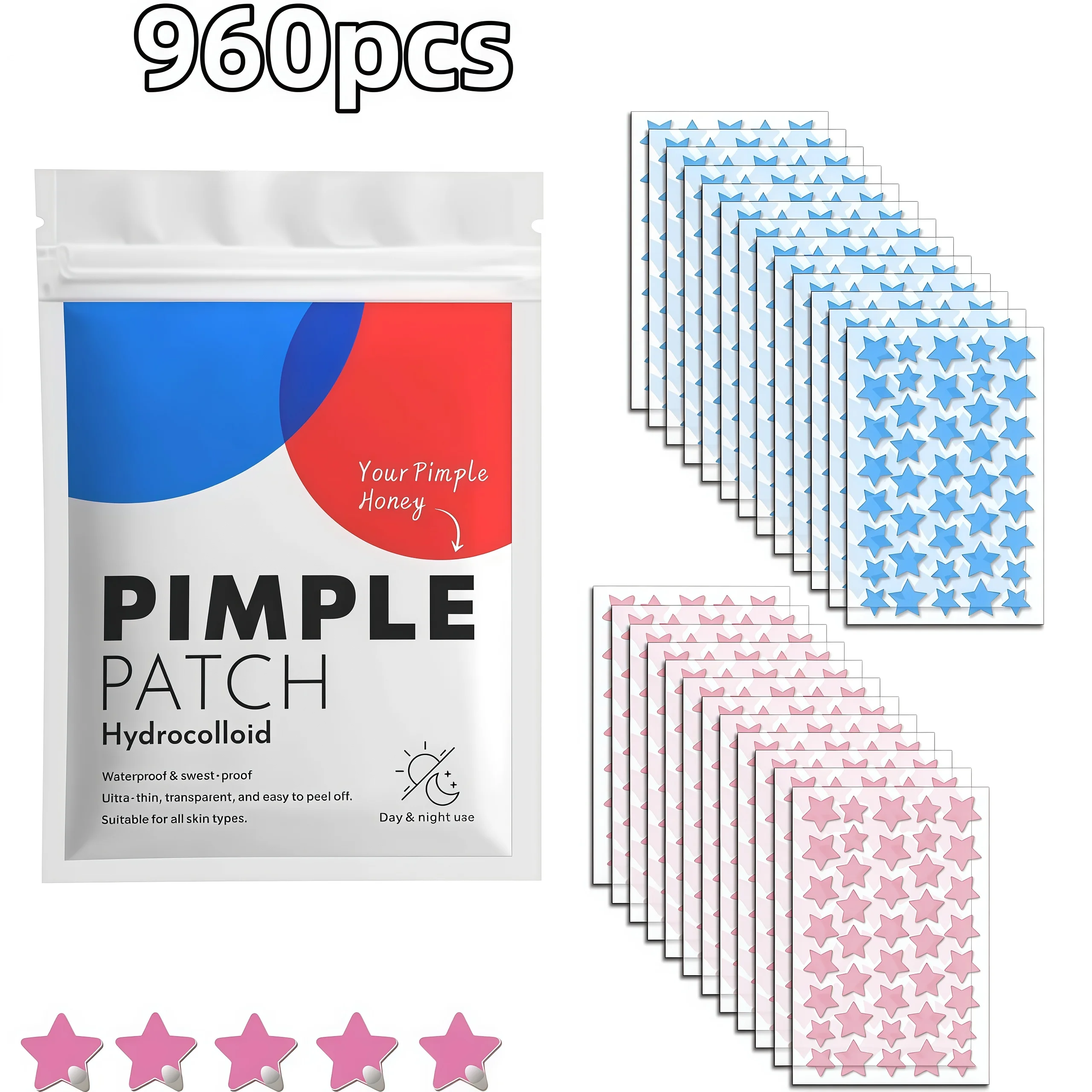 80/480/960pcs Red Blue Star Hydrocolloid Patches, Contrast Color Invisible Spot Covers