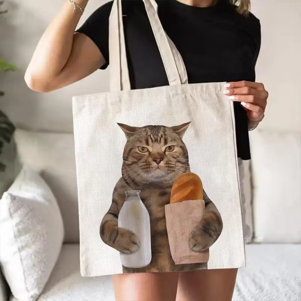 Funny Animal Cat Storage Bags Double-Sided Printed Canvas Tote Bag Eco-Friendly Reusable Large Capacity Handbag