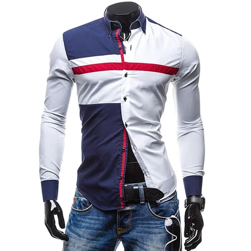 

Men Long Sleeve Shirt 2025 Spring Striped Shirts Slim Fit Male Casual Social Patchwork Shirt Turn-down Collar Camisa Masculina
