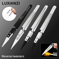 LUXIANZI 1PC Reverse Tweezers Stainless Steel Industrial Tweezers Tools Non-magnetic plastic ceramic Tip ESD Precision Forceps