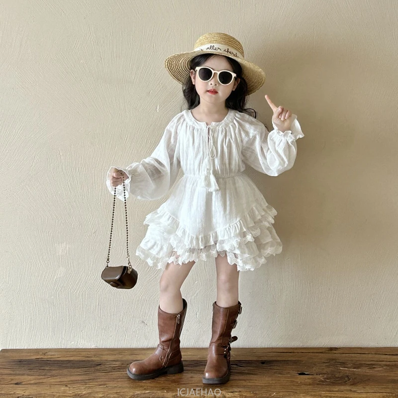 

Teen Girl Clothes White Long Sleeve Girls Tiered Cake Dress Children Spring New Baby Puff Sleeve Fairy Princess Gown Costume