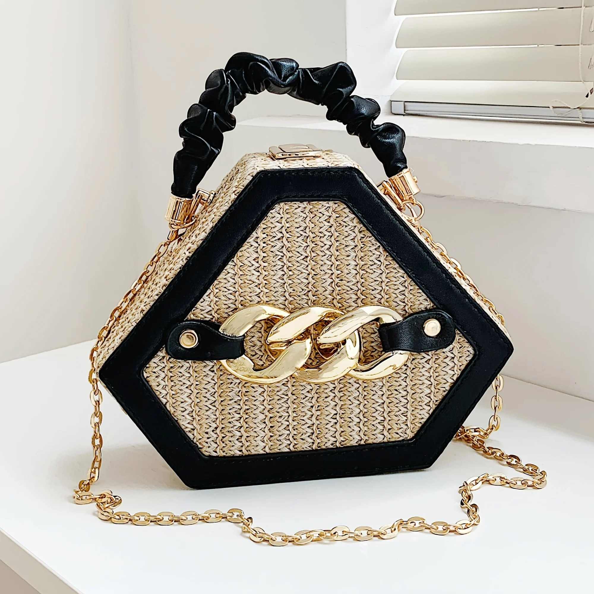 

Decor Color Contrast Trim Versatile Shoulder Bag, Ruched Top Handle Stylish Handbag, Buckle Woven Straw Polygon Box Trendy Cross