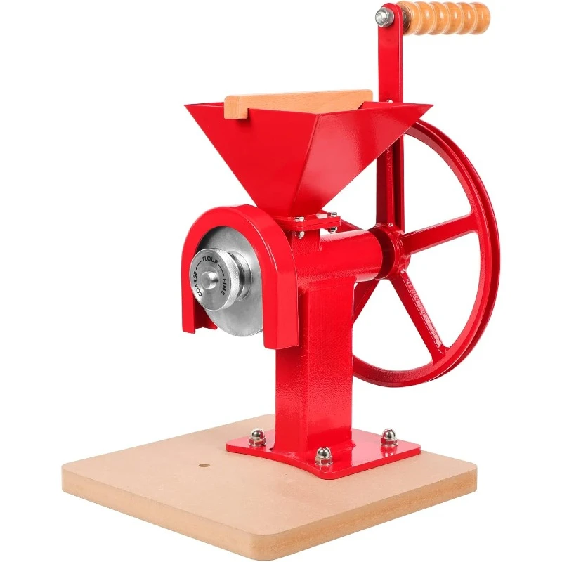 Hand Crank Grain Mill - Red. Exclusive Click & Lock adjustment knob. Stainless Steel Grinding Burrs