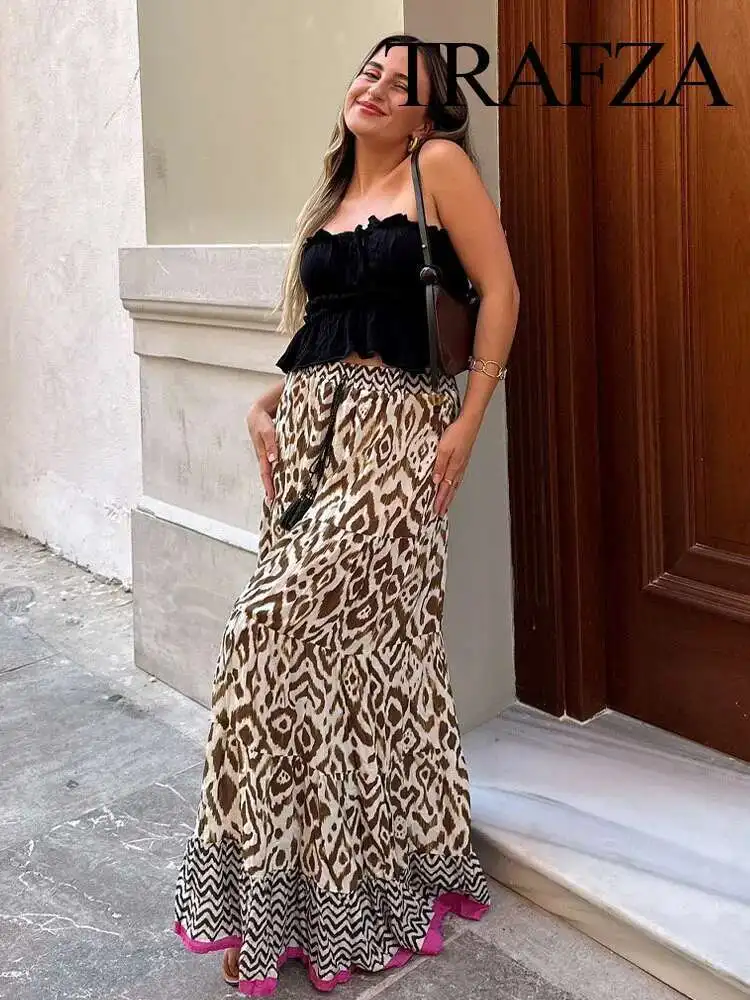 

New Women 2 Piece Set Elegant Lapel Buttons Printed Decorate Sleeves Shirt Top+High Waist Drawstring Pleated Long Skirt
