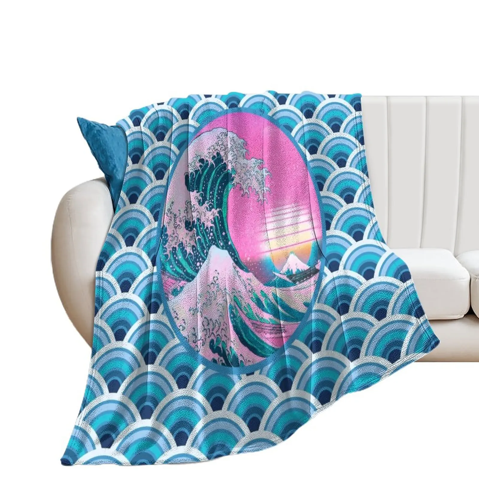 Vaporwave Aesthetic Great Wave Seigaiha Ocean Sunset Throw Blanket Quilt Soft Plush Plaid warm winter Tourist Blankets