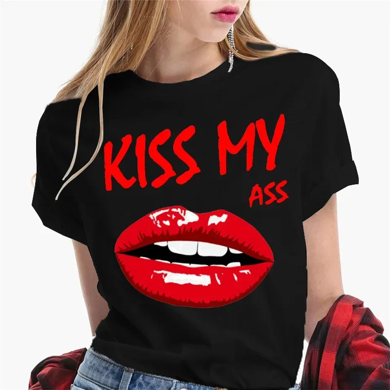 Women's Sexy Kiss Lip Graphic T-Shirt Funny Black Tee Short Sleeve Crewneck Soft Summer Top for Females