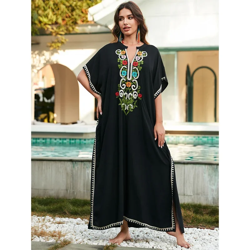 Elegant Embroidered V Neck Pullover Cover-ups Women Loose Split Hem Bikini Coverall Female New Casual Beach Sun Protective Smock