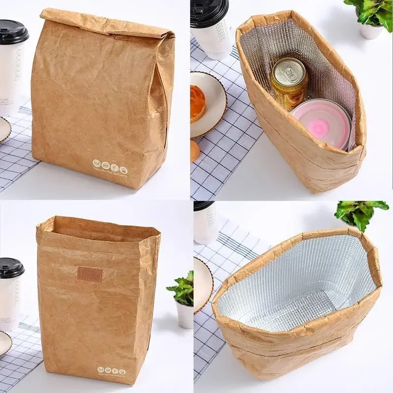 Paper Lunch Bag Reusable Box Sack Durable Insulat Thermal Kraft Paper Bag Snack Cooler Picnic Container