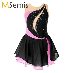 Kids Girls Rhinestone Figure Skating Dress Sleeveless Hollow Back Chiffon Competition Costumes Performance Ballet Tutu Dress