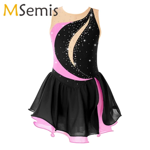 Imagen 1 del producto Vestido de patinaje artístico con diamantes de imitación para niñas, sin mangas, con espalda hueca, trajes de competición de gasa, vestido de tutú de Ballet para actuación