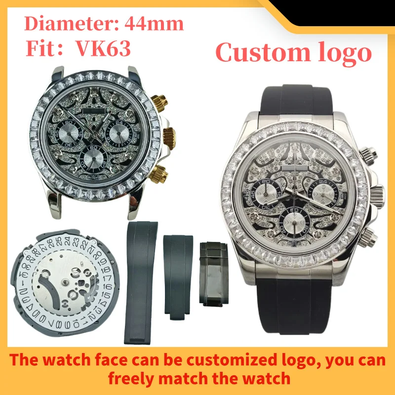 44mm VK63 watch case suitable for VK63 movement assembly, gem bezel, stainless steel case, gem set dial, sapphire glass