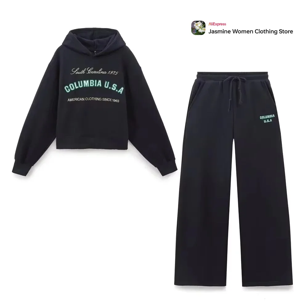 Женский комплект из 2 предметов в консервативном стиле, удобный спортивный классический комплект, стильный свитер с капюшоном и вышивкой текста, одинаковые удобные плюшевые брюки для бега