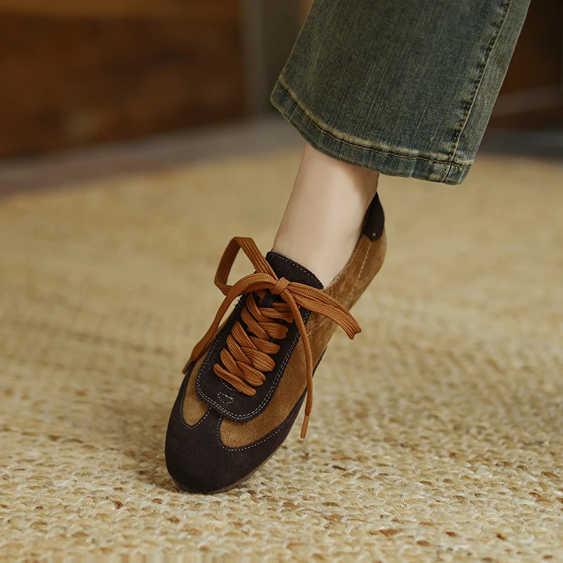 Retro Cow Suede Leather Casual Loafers for Women Flats Shoes Lace-Up Low Heels Spring Shoes 2025 Soft Office Dress Size 35-42