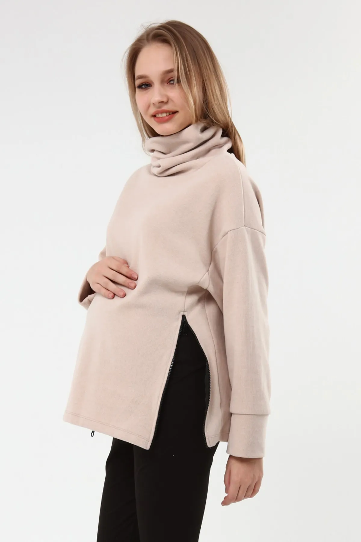 Luvmabelly MYRA4283 Zipper Maternity Sweatshirt-Beige