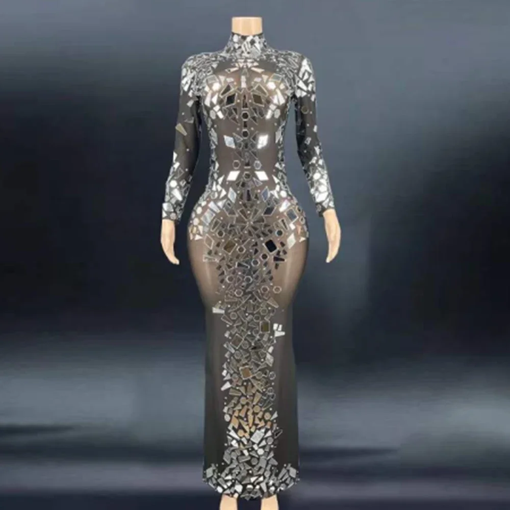 

Black Perspective Shining Mirror Sequins Sexy Long Dress For Women Evening Party Clothing Stage Singer Costumes Prom Wears