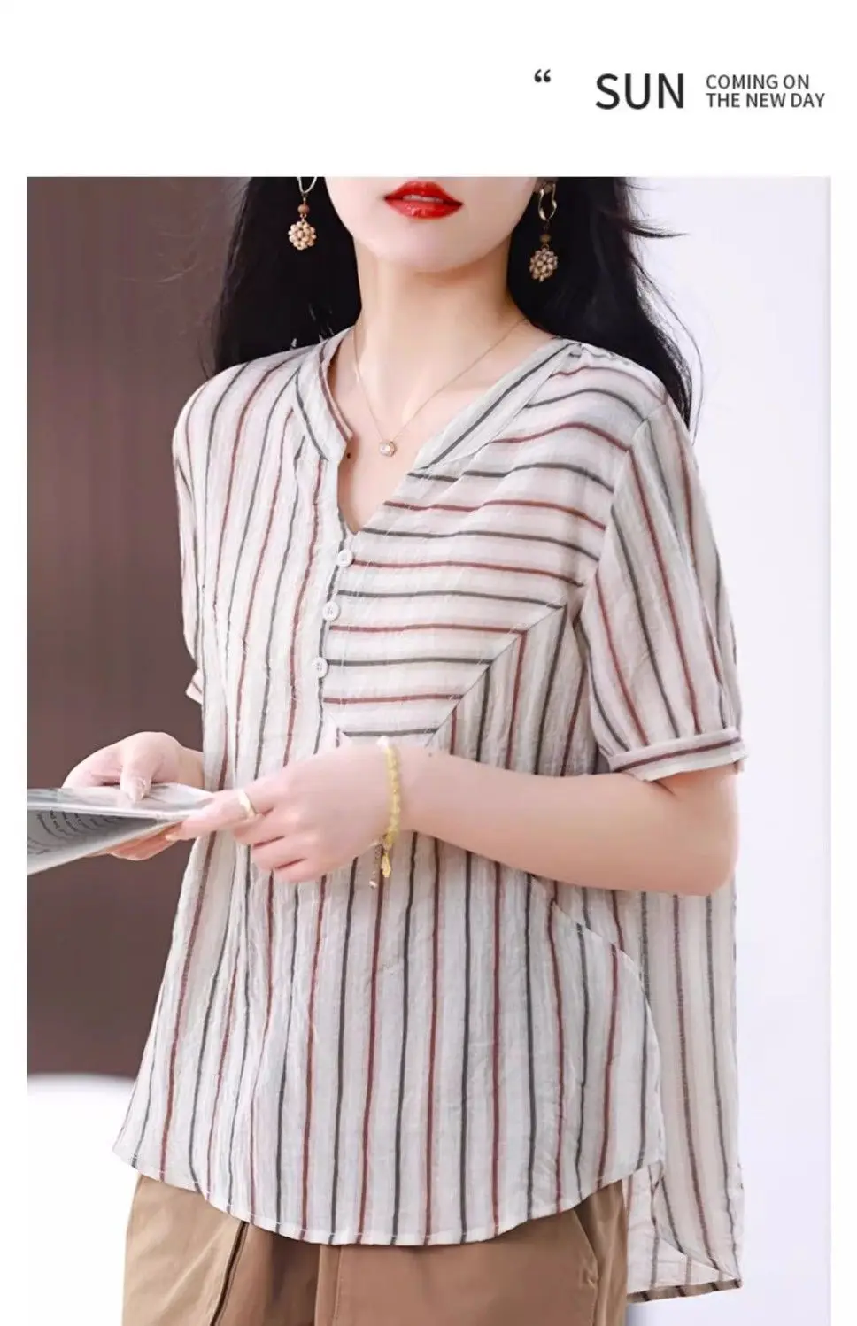 Camisa listrada de manga curta para mulheres novo decote em v chiffon topo roupas de verão da mãe elegante e elegante camisa casual