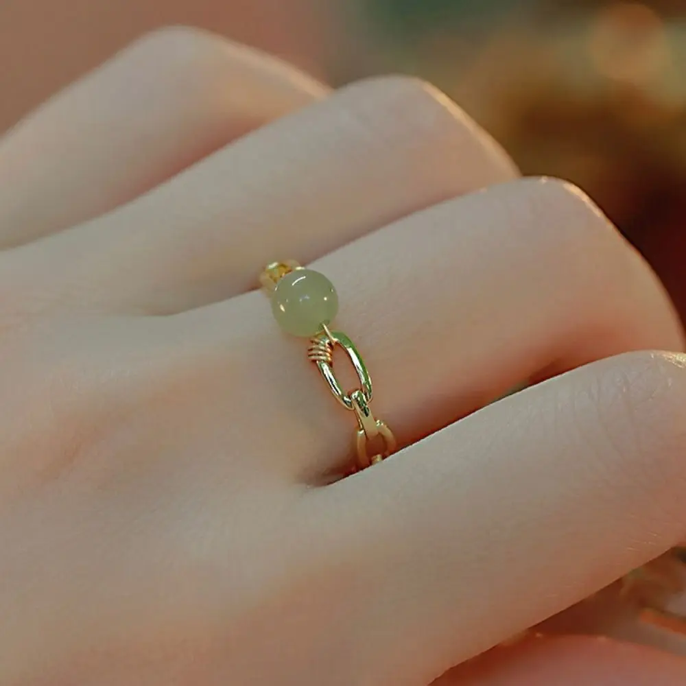 Retro Simple Finger Buckle Green Gold Women Finger Ring Hetian Jade Ring Women Open Ring Jade Beads Ring Chinese Style Ring