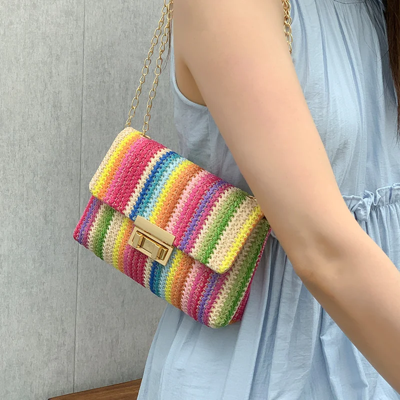 Women Summer Beach Rainbow Stripe Woven Straw Crossbody Shoulder Bag Front Flap Turn-Lock Chain Boho Vacation Small Size Purse view 4
