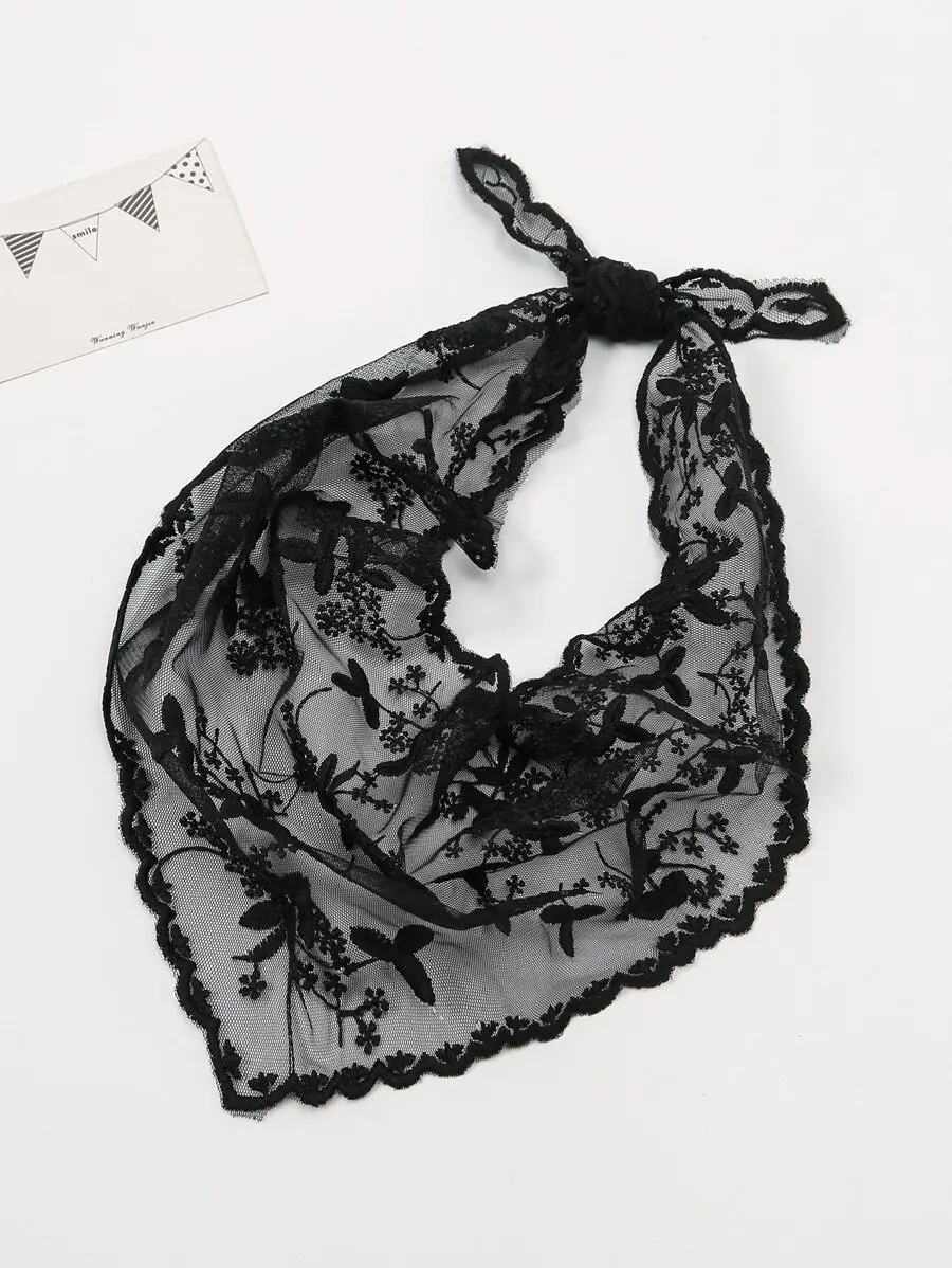 

Black Floral Lace Triangle Scarf For Women Hair Tie Bag Decoration
