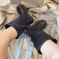 Black Thick-soled Rain Boots Round Toe Slip-on Fashion Outdoor Mid-calf  Water Boots for Hot Girls 2024 Women Modern Shoes