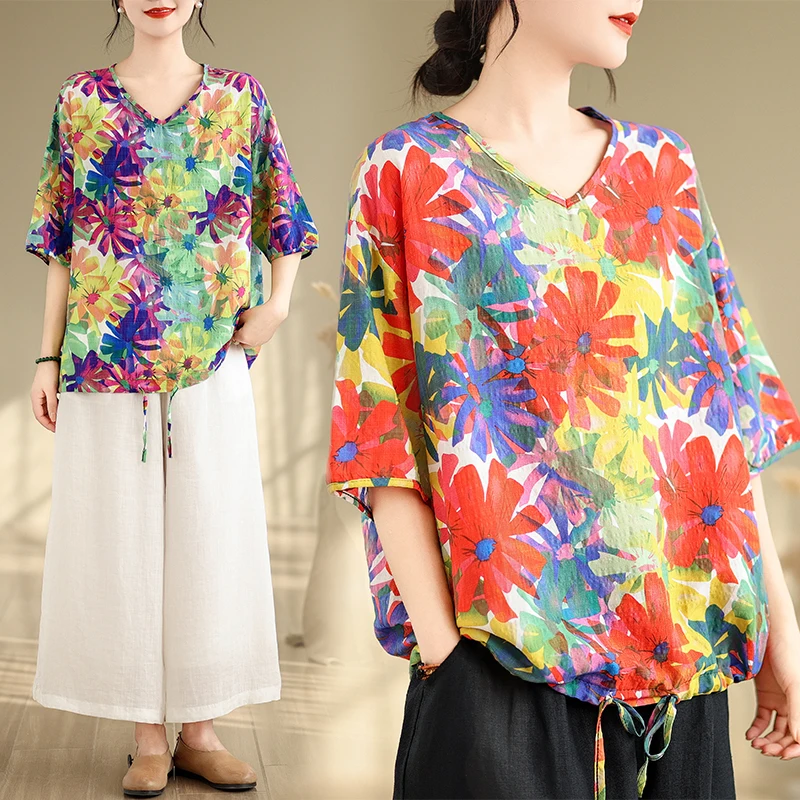 

Футболка больших размеров из хлопка и льна с принтом V-Ne ort Sve Свободный универсальный топ Прохладный тонкий материал Художественный Sle Commute Faion