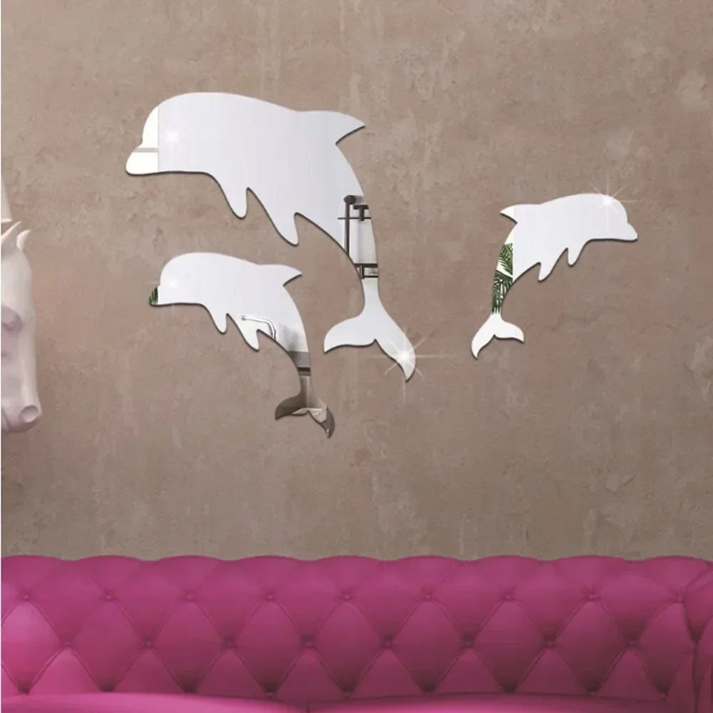 Stickers One Piece Wall Mirror Sticker Acrylic 3D Cute Dolphin Combination Mirror Effect Wall Sticker Decal Home Decor Bathroom