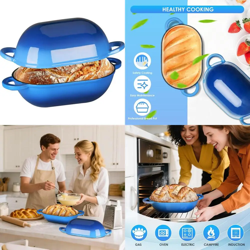 

Эмалированная чугунная голландская духовка, 2,5 кварты, с антипригарным покрытием, безопасная для духовки, идеально подходит для выпечки хлеба, синяя, посуда большой емкости с крышкой