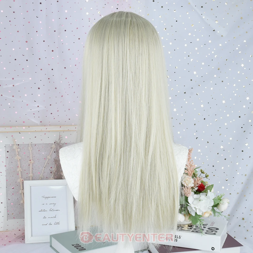 ยาวตรงสีขาว Platinum วิกผมสังเคราะห์กับ Bangs สําหรับผู้หญิงสีขาวสีบลอนด์คอสเพลย์ Lolita วิกผมธรรมชาติผมทนความร้อนใช้