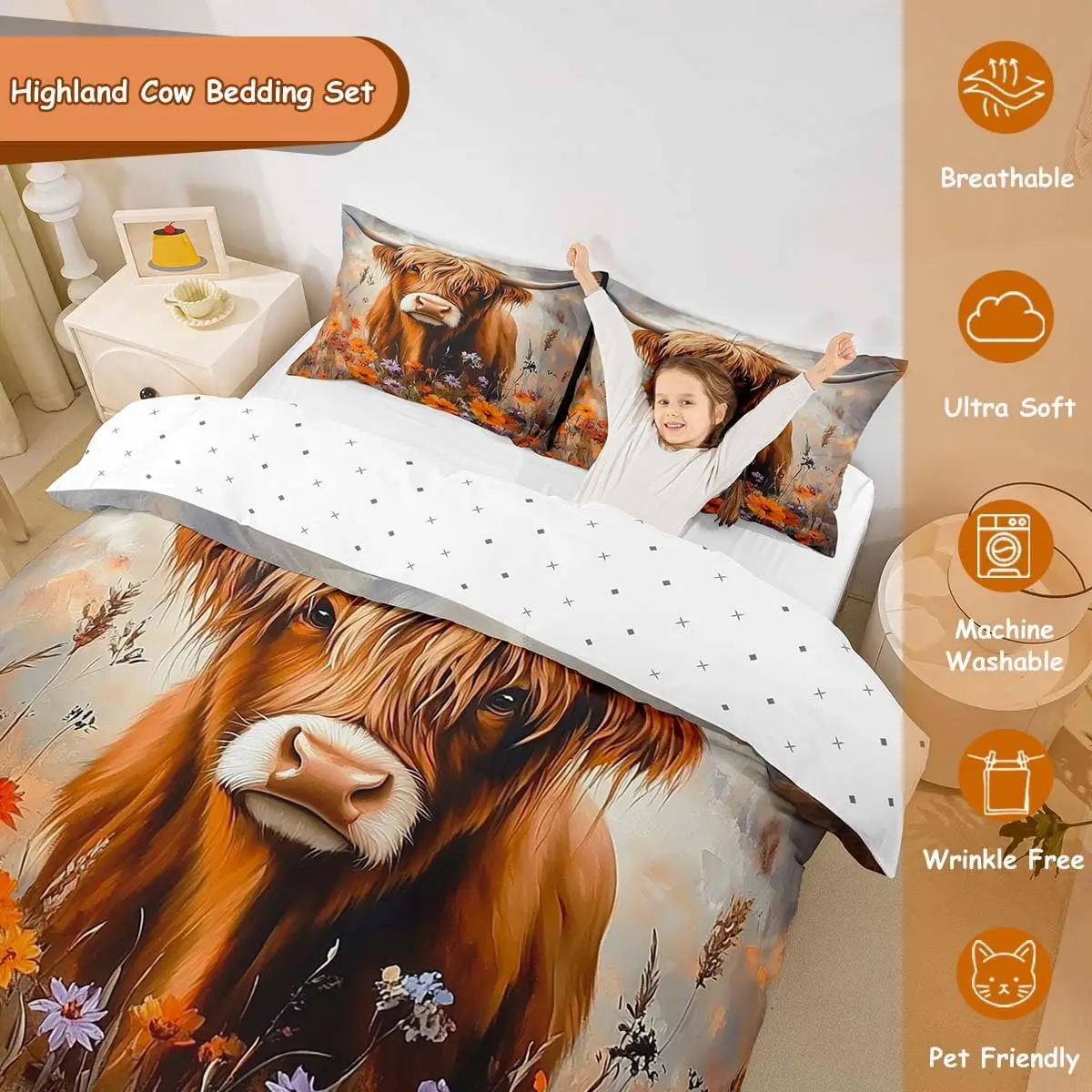 Highland Cow Duvet Cover Set Double Size Botanical Floral Bedding Set With 2 Pillowcases Orange Daisy Farmhouse