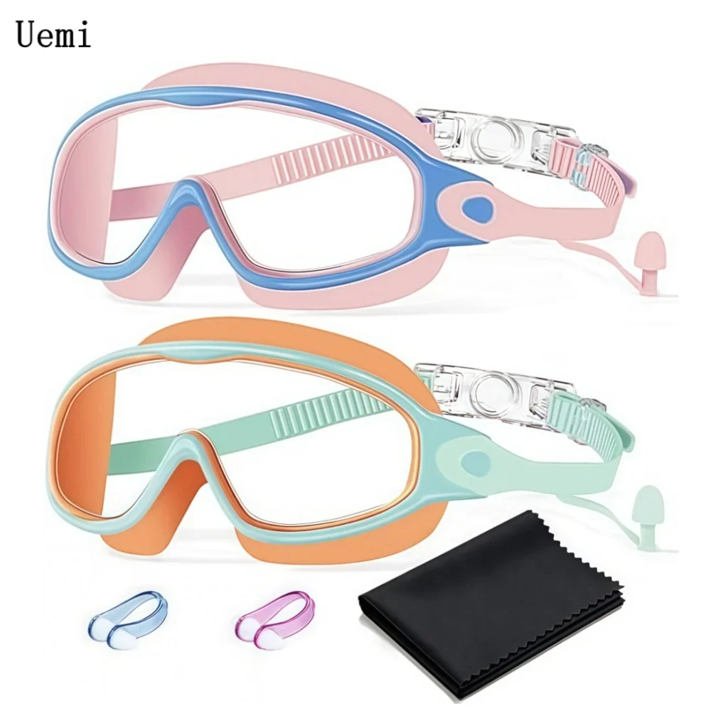 Kids Swim Goggles with Swim Cap, Anti Fog UV Protection Wide View Youth Swim Goggles for Boys Girls 6-14