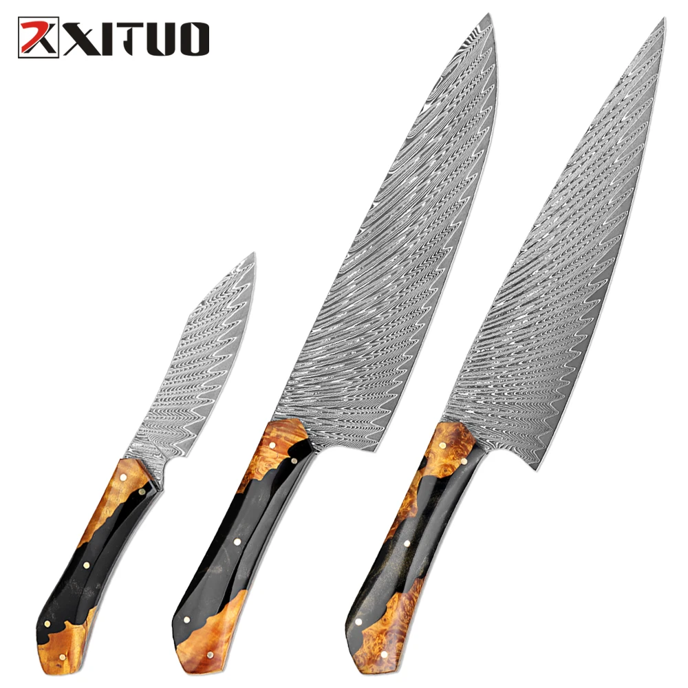 

Damascus Steel Chef Knife Set (1-3PC) Full Tang Kitchen Knives, Razor Sharp Blades,Black Resin Wood Handle for Slicing,Chopping