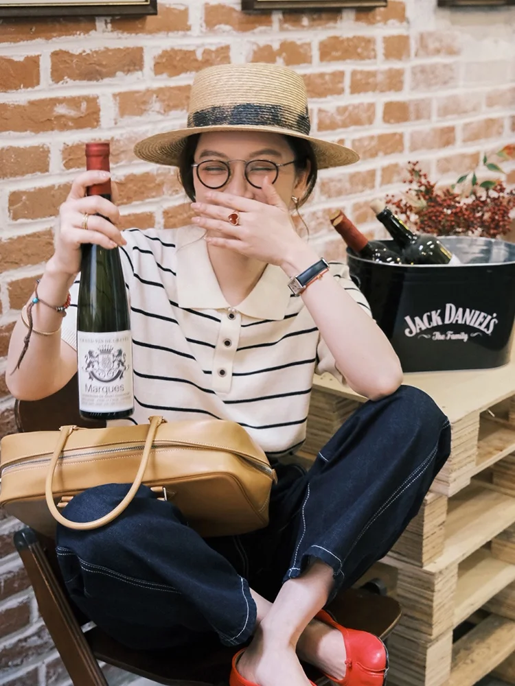 

Retro Hong Kong Sle Women's irt Striped Knitwear ort Sve Loose Casual Summer New Arrival Trendy INS Ladies' Top