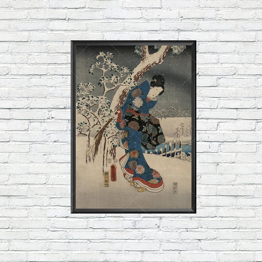 Moonlit Triptych Japanese Art Vintage Japanese Winter Wall Posters  Night Japanese Ukiyo-e Prints Antique Snowy Scenery Painting
