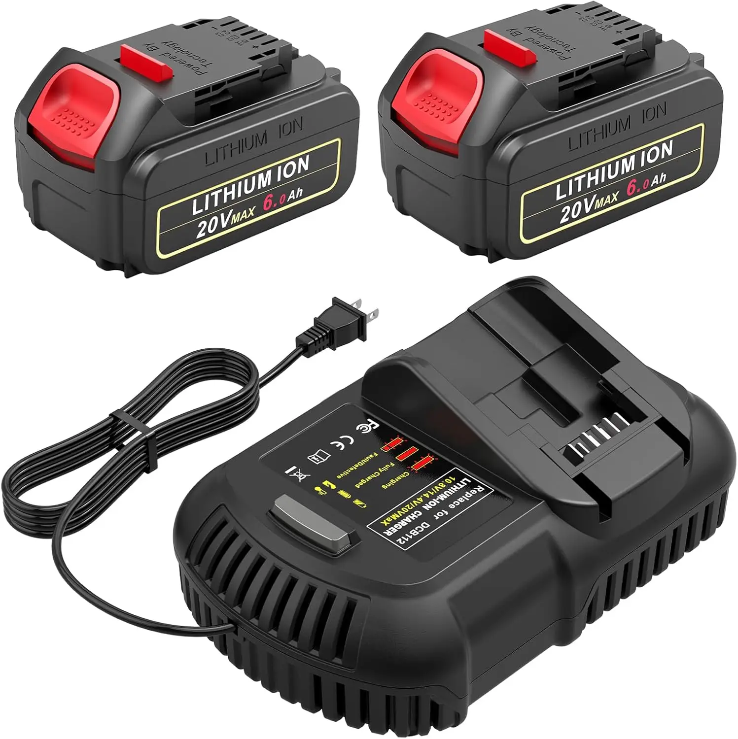 20V 6000mAh Replace Battery for Dewalt with DCB112 Charger, 2 Packs 20V Max 6.0Ah Lithium Battery with 20V Charger Comaptible wi