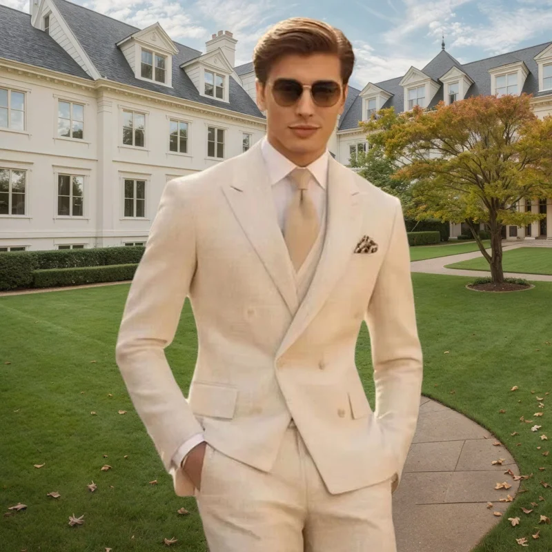 New Design Wedding Suits for Men Double Breasted Peaked Lapel 3 Piece Sets (Jacket+Vest+Pants) Slim Business Banquet Trajes Para
